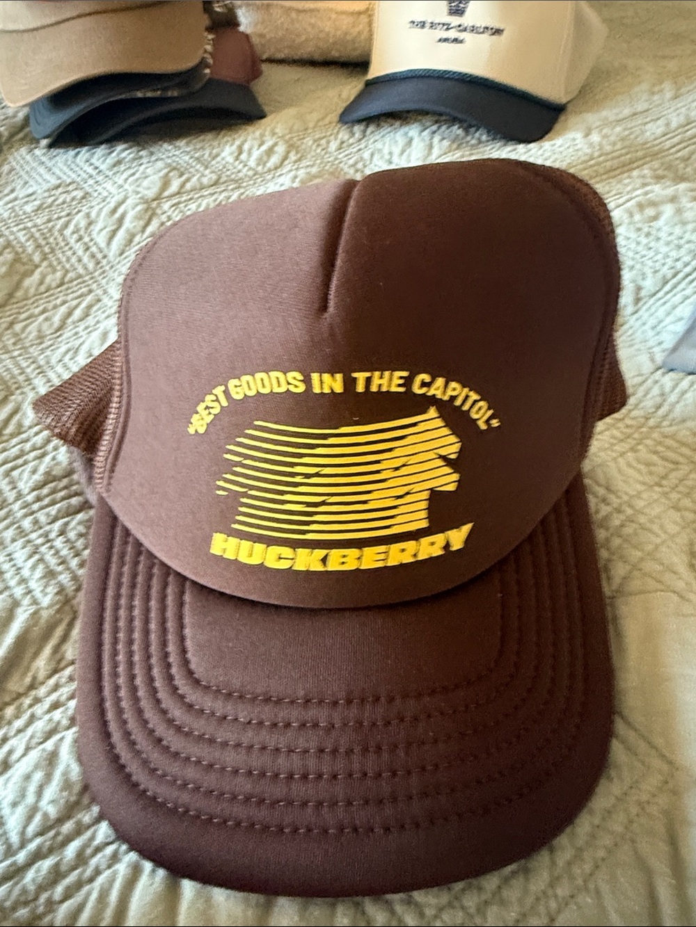 Huckberry Brown Foam Trucker Hat with Yellow Logo